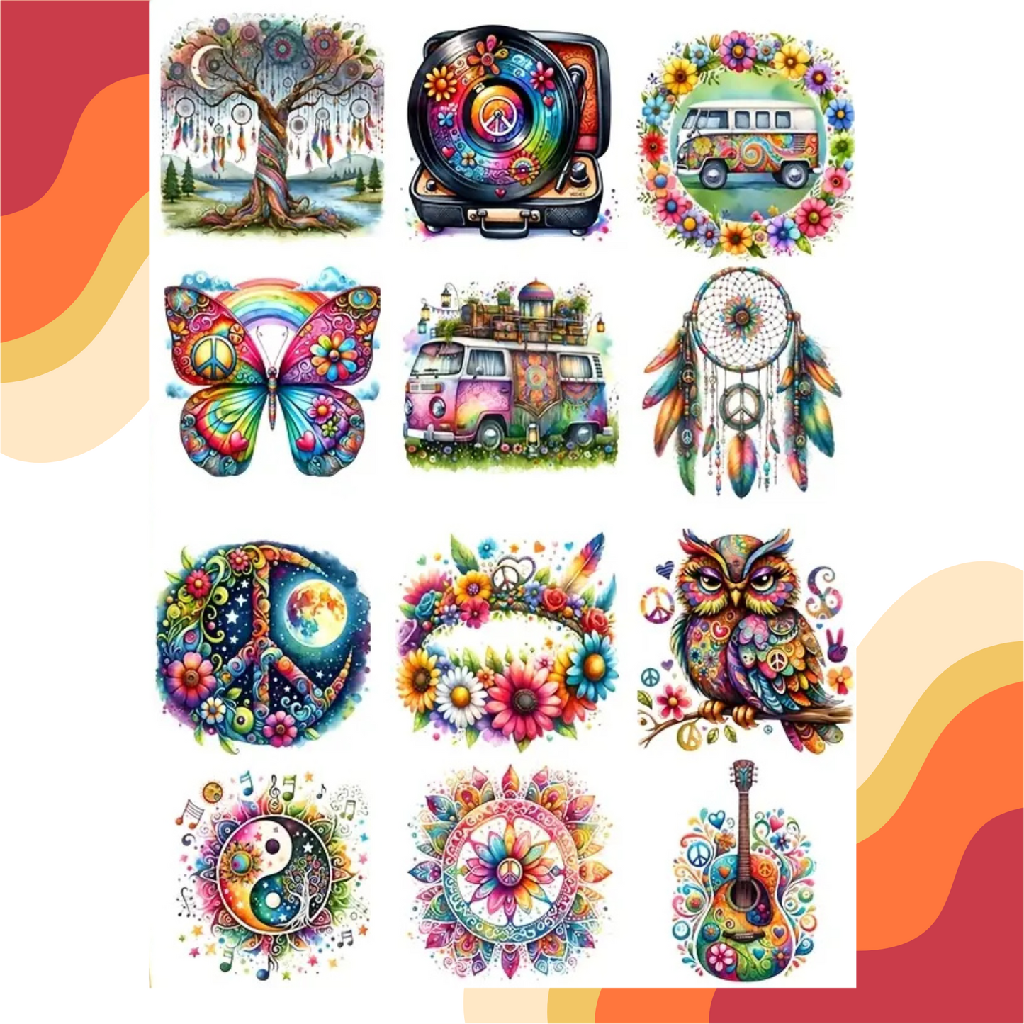 Motifs-personnalisation-Idée cadeau retro – Porte-clés personnalisables, Combi, vinyle, papillon, ying-yang, flower power