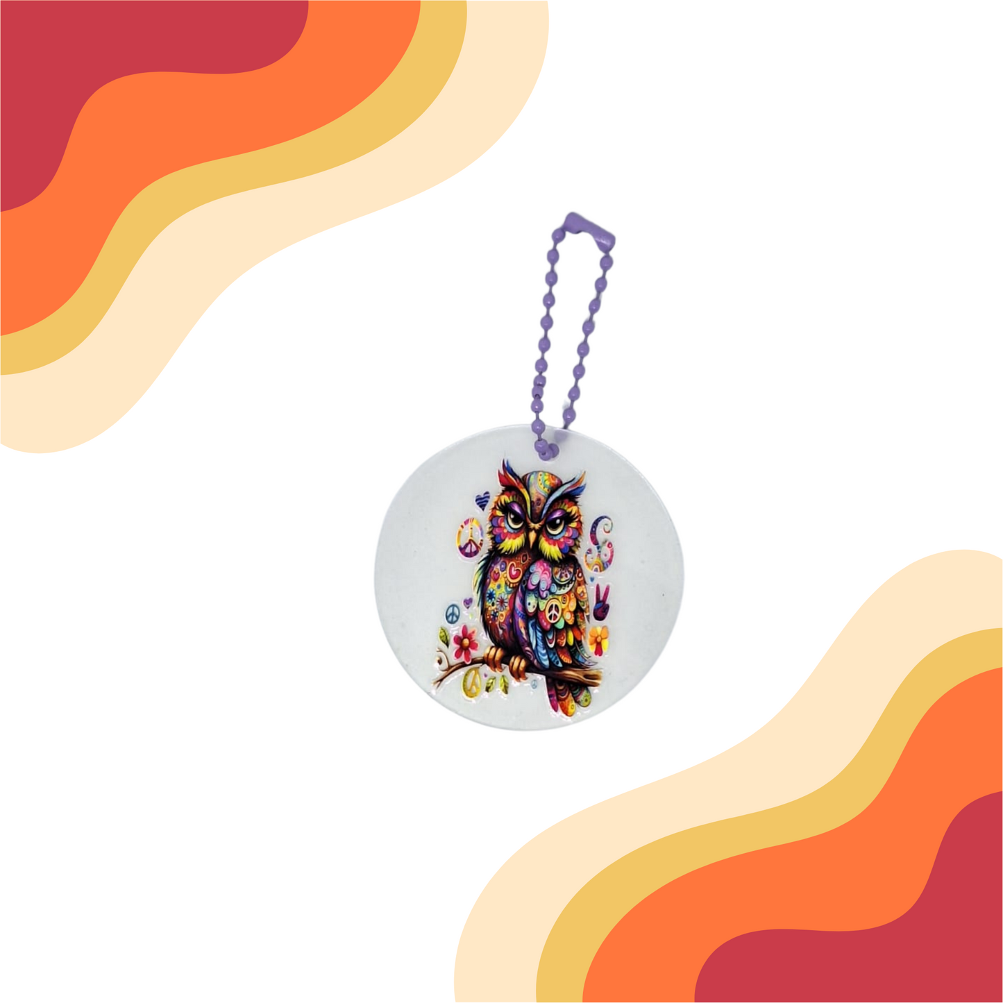 Porte-clés rétro rond – Design Chouette, Peace&Love colorée