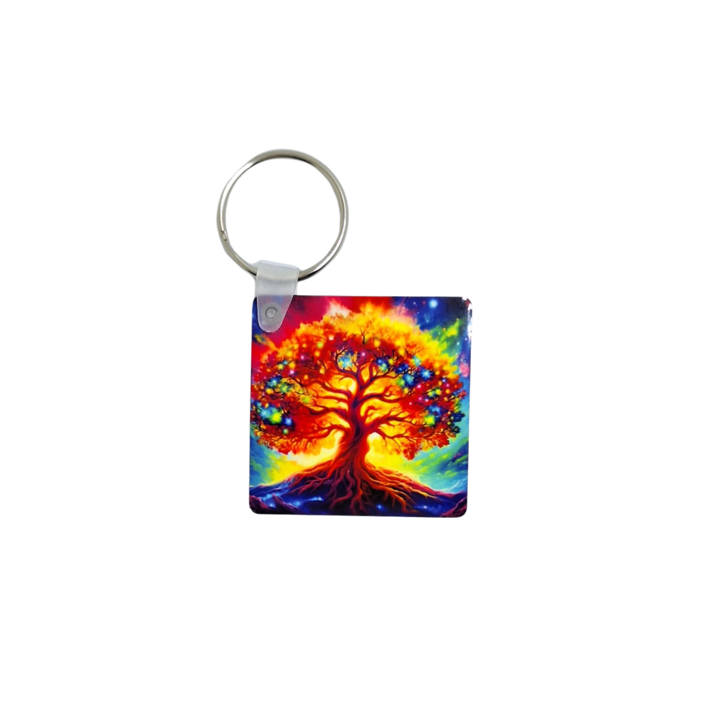 porte clés carré représentant un arbre de vie avec des couleurs vives