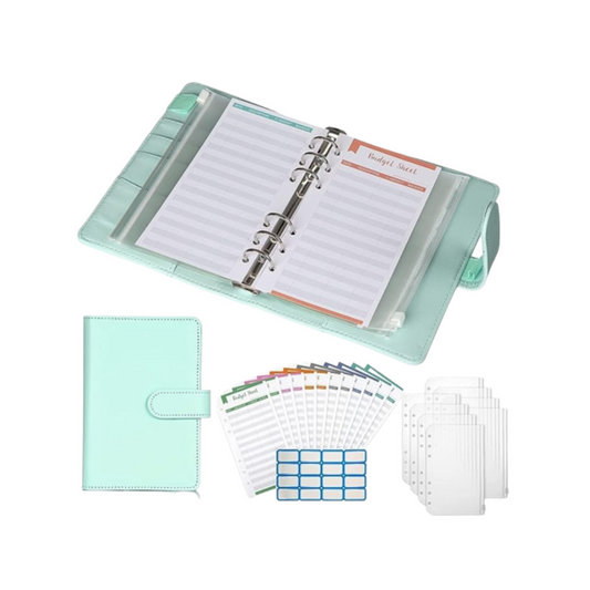 Vue d’ensemble de l’agenda budgétaire personnalisable avec ses pochettes zippées et ses fiches de suivi des dépenses.