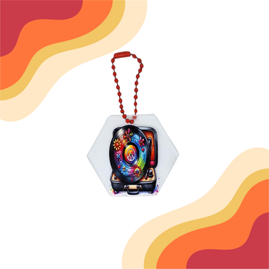 Porte-clés hexagonal rétro – Cadeau original femme - Vinyle avec des fleurs colorées