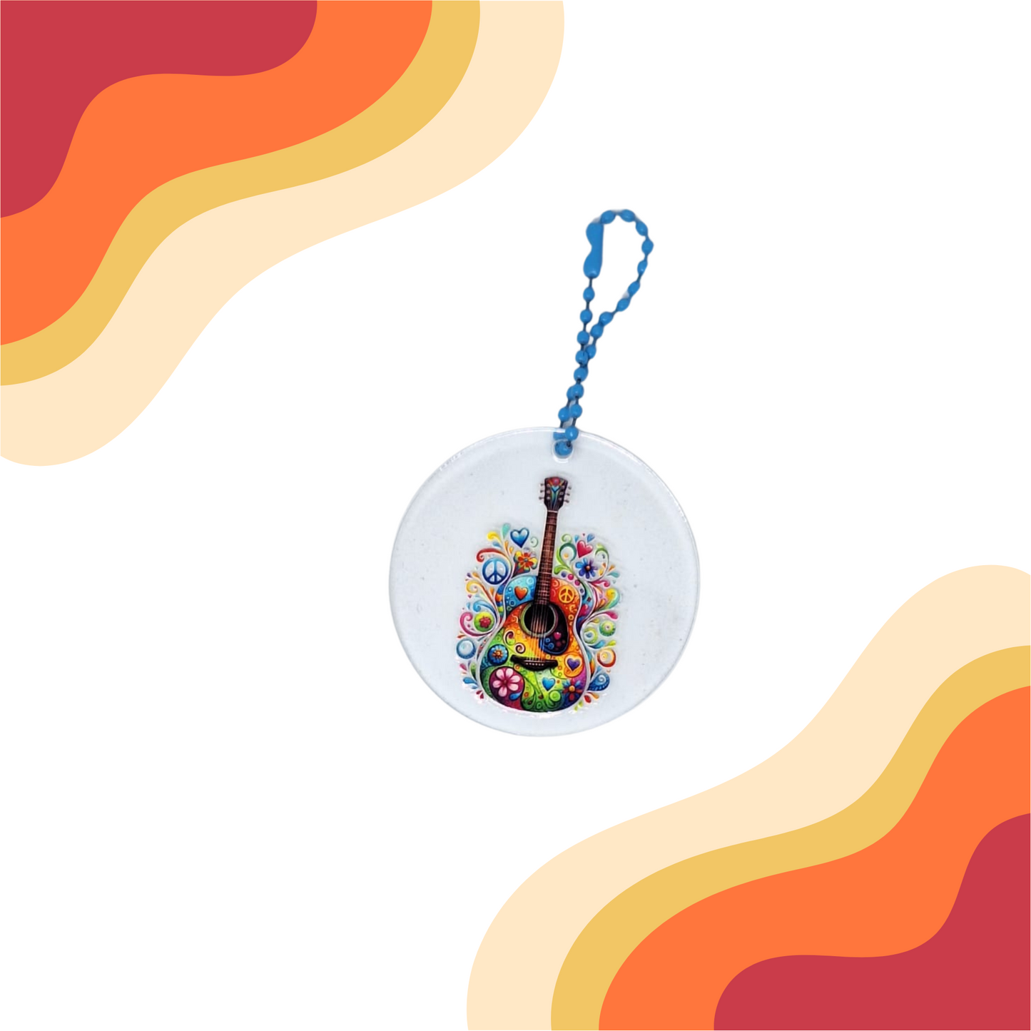 Porte-clés rétro rond – Design vintage guitare, Peace & Love