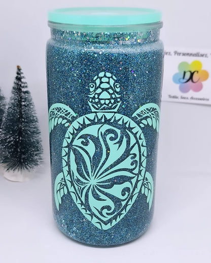 Tumbler can boule à neige avec paillettes bleues et motif personnalisé